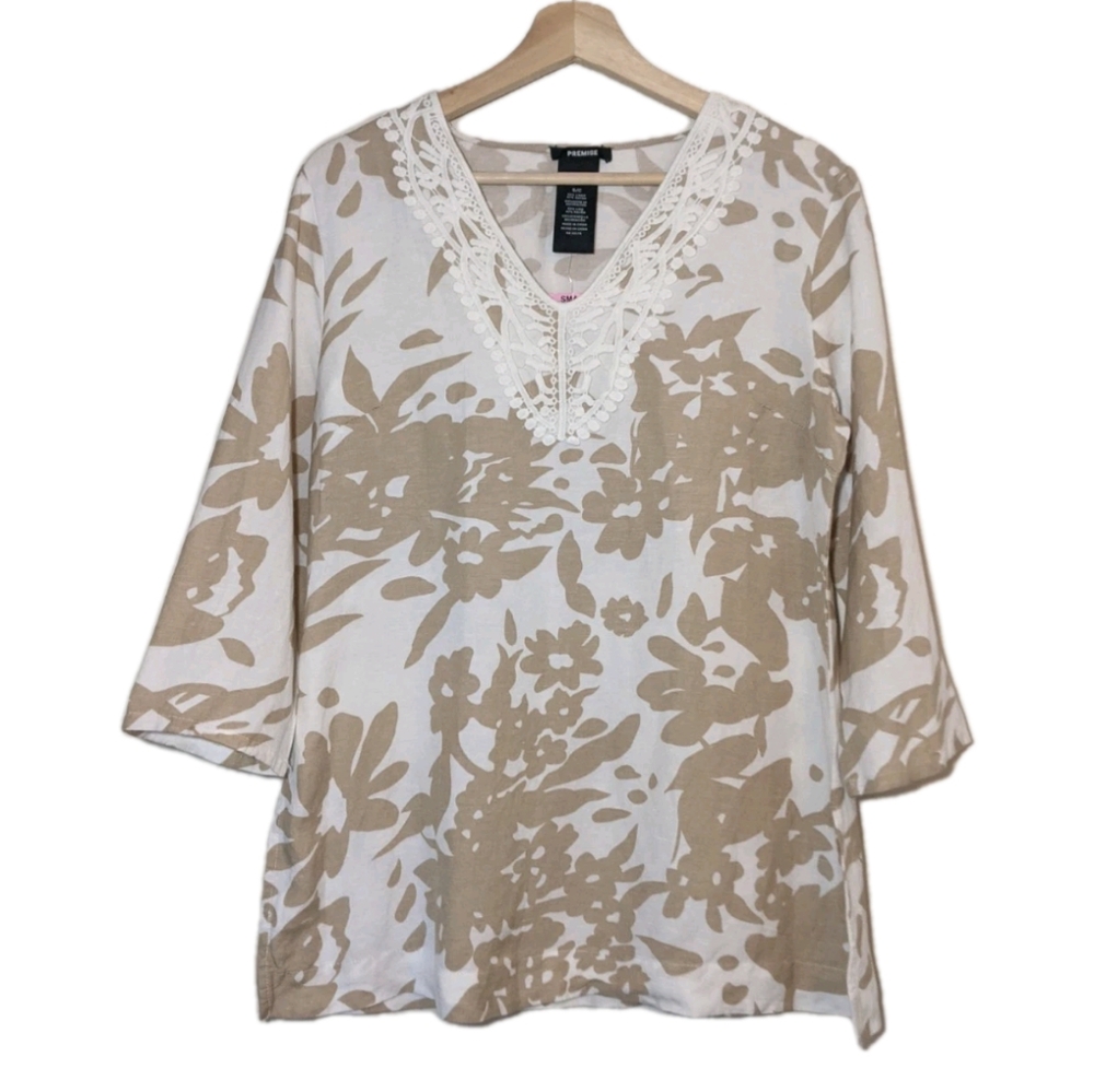 Premise Linen Tan Embroidered Collar Floral 3/4 Sleeve Blouse